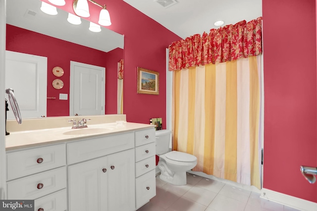 bathroom featuring tile patterned floors, visible vents, toilet, a shower with shower curtain, and vanity