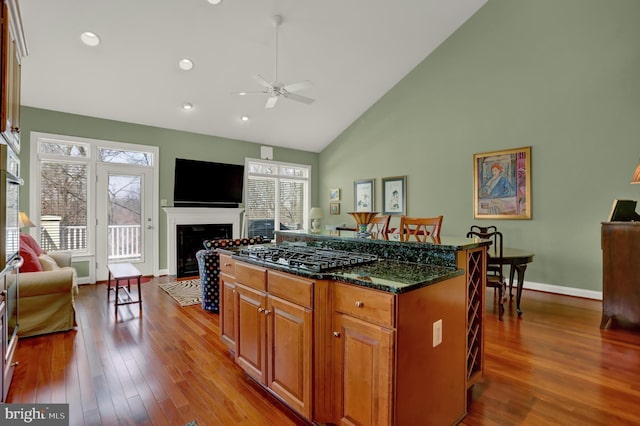 kitchen with a ceiling fan, dark stone countertops, wood finished floors, open floor plan, and a fireplace