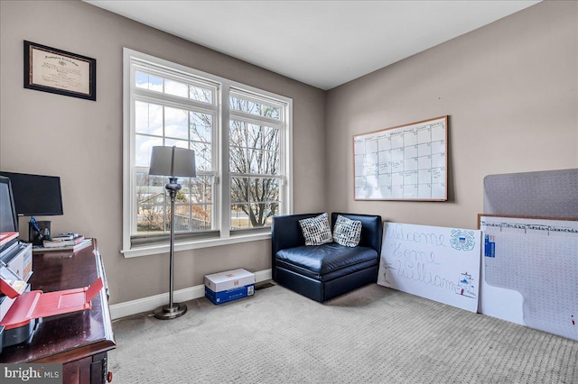 sitting room with carpet flooring and baseboards