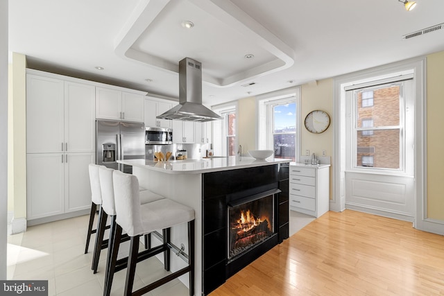 kitchen featuring island range hood, stainless steel appliances, a breakfast bar, a kitchen island, and a raised ceiling