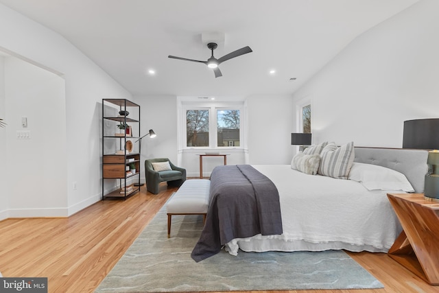 bedroom with recessed lighting, baseboards, ceiling fan, and light wood finished floors