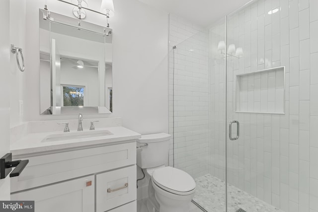 full bathroom with vanity, a shower stall, and toilet