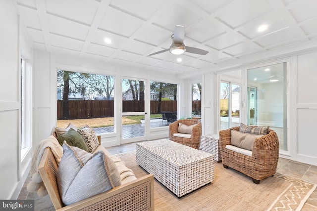 sunroom featuring coffered ceiling and a ceiling fan