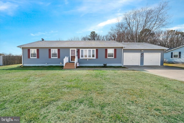 ranch-style home with an attached garage, fence, a front lawn, and concrete driveway