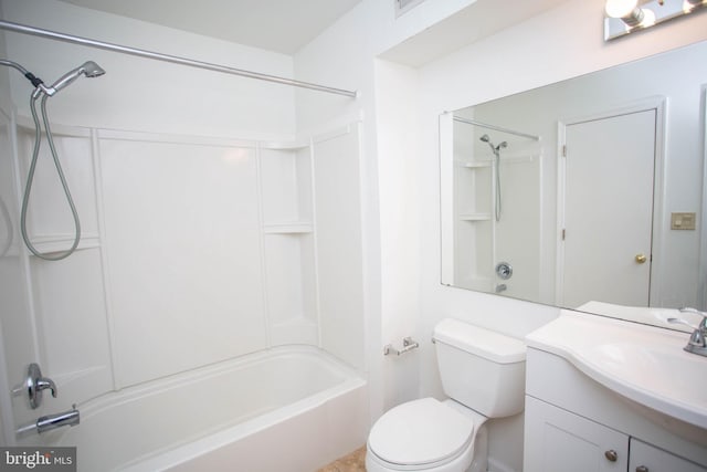 full bathroom with vanity, bathtub / shower combination, and toilet