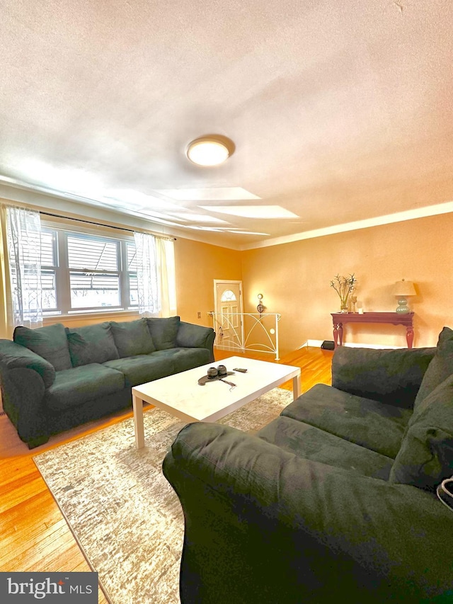 living room featuring a textured ceiling, ornamental molding, and hardwood / wood-style flooring