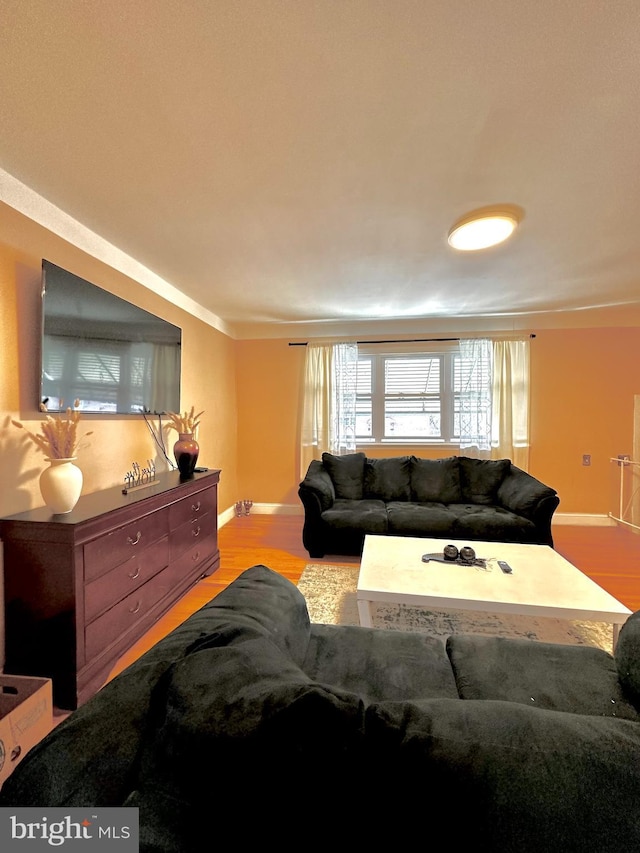 living area with wood finished floors and baseboards