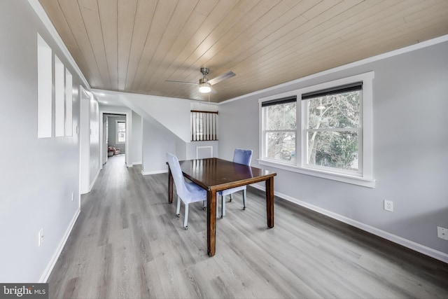 dining room featuring wooden ceiling, baseboards, and wood finished floors