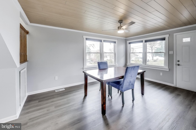 unfurnished dining area featuring wood ceiling, visible vents, and ornamental molding