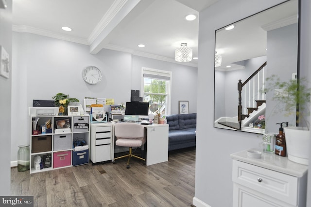 office area featuring ornamental molding, recessed lighting, and wood finished floors