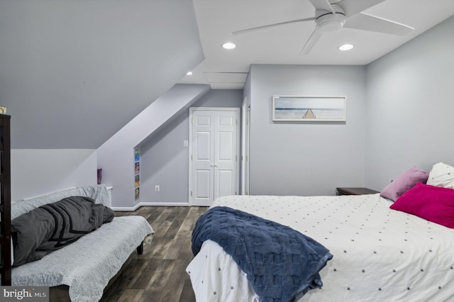 bedroom with baseboards, a ceiling fan, lofted ceiling, wood finished floors, and recessed lighting