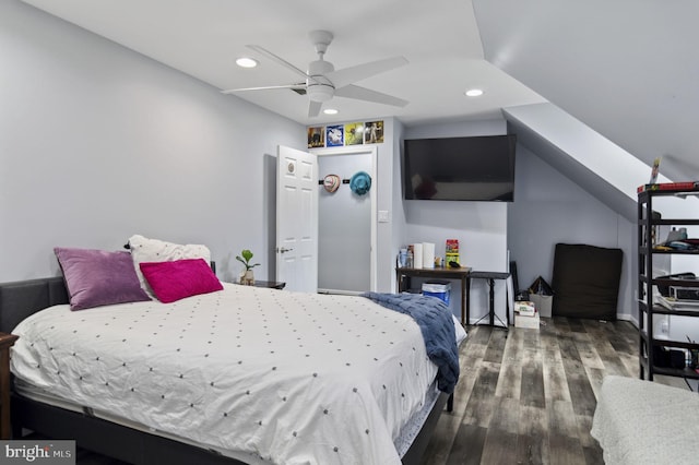 bedroom with a ceiling fan, wood finished floors, and recessed lighting