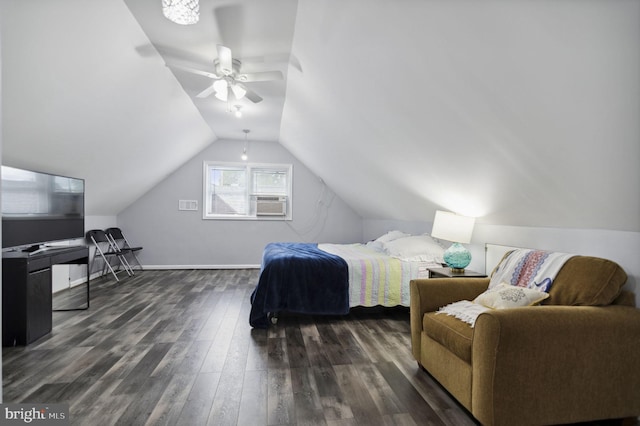 bedroom featuring dark wood-style floors, vaulted ceiling, baseboards, and a ceiling fan