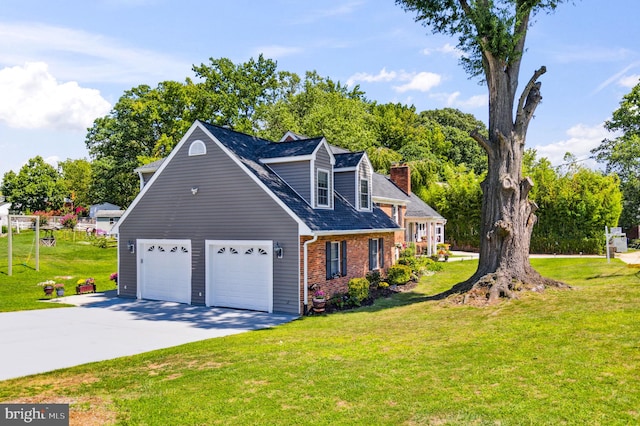 cape cod home with brick siding, a chimney, a garage, driveway, and a front lawn