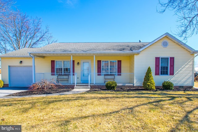 ranch-style house featuring roof with shingles, an attached garage, covered porch, crawl space, and a front lawn