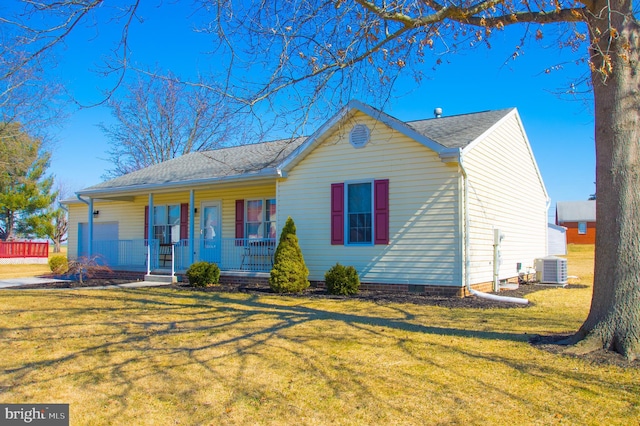 single story home with central air condition unit, crawl space, a porch, and a front yard