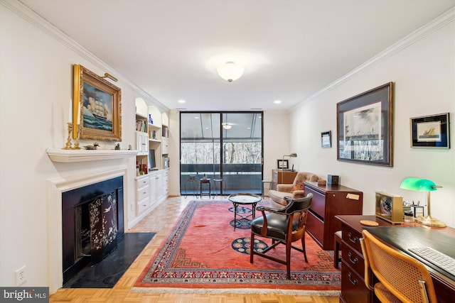 sitting room featuring ornamental molding, expansive windows, a fireplace with flush hearth, and recessed lighting