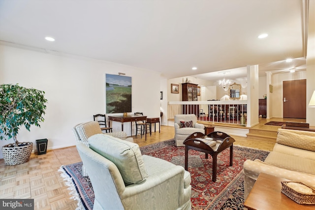 living room with crown molding, recessed lighting, a chandelier, baseboards, and parquet flooring