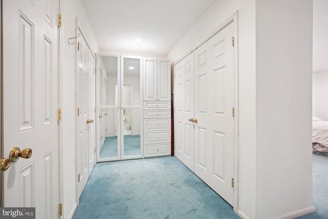 walk in closet with light carpet