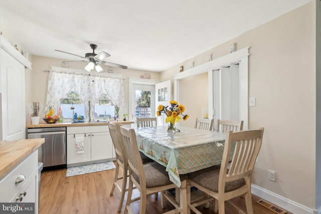 dining area with a ceiling fan, baseboards, visible vents, and light wood finished floors