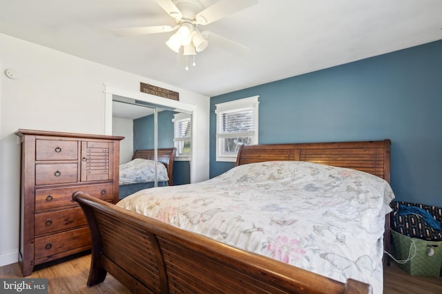 bedroom with ceiling fan, a closet, and wood finished floors