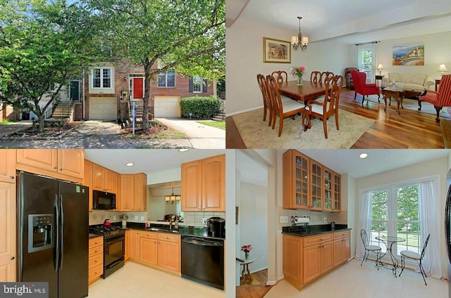 kitchen featuring a chandelier, black appliances, tasteful backsplash, dark countertops, and glass insert cabinets