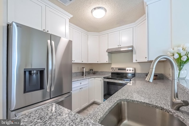 kitchen with appliances with stainless steel finishes, a sink, white cabinetry, and under cabinet range hood