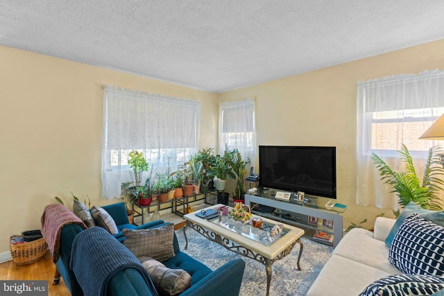 living room with a wealth of natural light, a textured ceiling, and wood finished floors