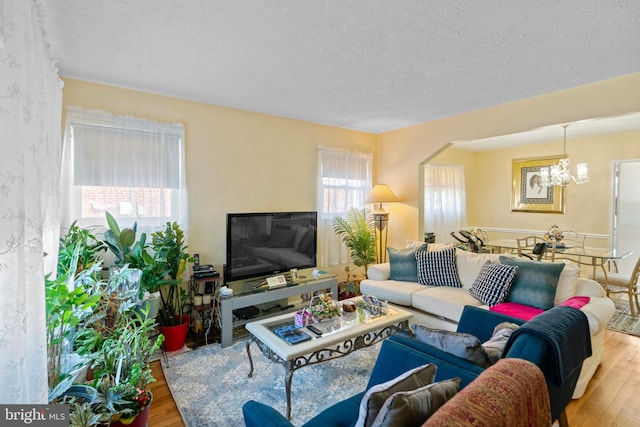 living area featuring a notable chandelier, a textured ceiling, and wood finished floors