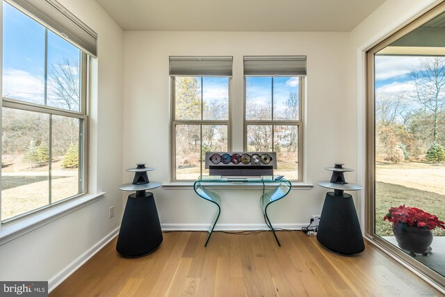 misc room with baseboards and wood finished floors