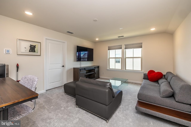 living area with recessed lighting, carpet flooring, visible vents, baseboards, and vaulted ceiling