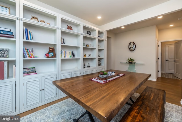 office area with recessed lighting and wood finished floors