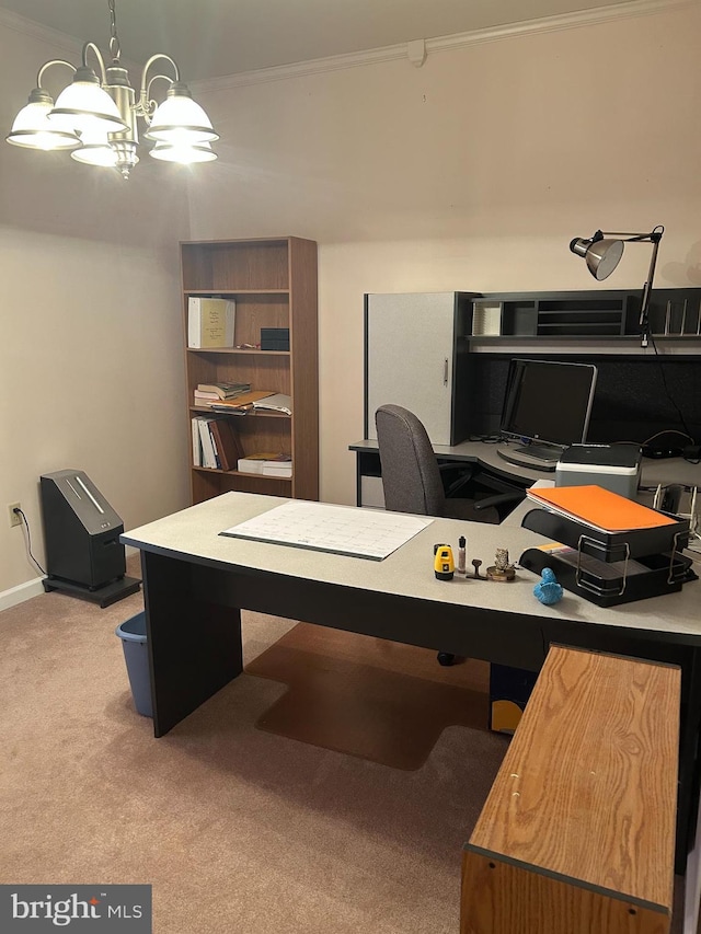 carpeted office with crown molding