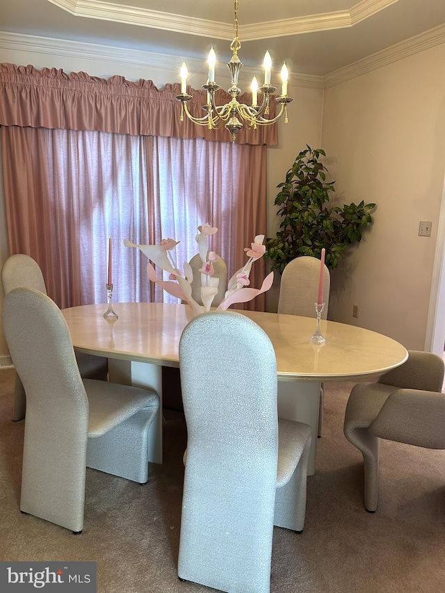 carpeted dining space featuring a notable chandelier and crown molding