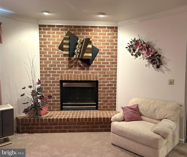 carpeted living room with a fireplace and crown molding