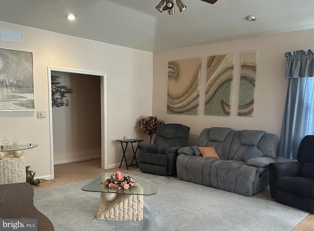 living room with carpet, recessed lighting, visible vents, a ceiling fan, and baseboards