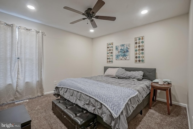 bedroom with baseboards, carpet floors, ceiling fan, and recessed lighting