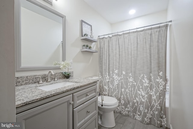 bathroom featuring wood finished floors, vanity, toilet, and a shower with curtain