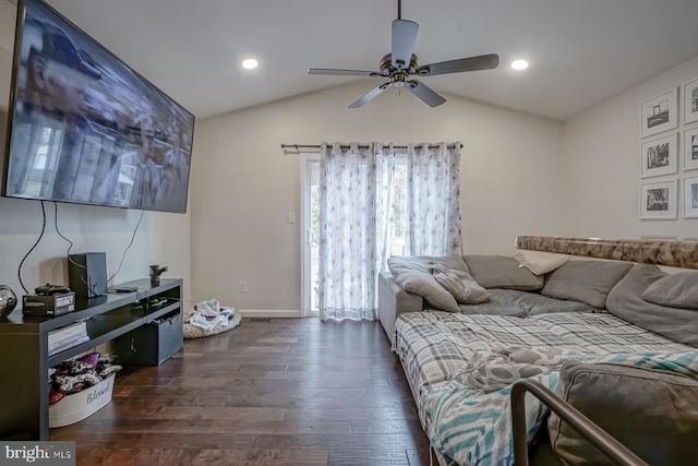 bedroom featuring lofted ceiling, recessed lighting, dark wood-type flooring, ceiling fan, and baseboards