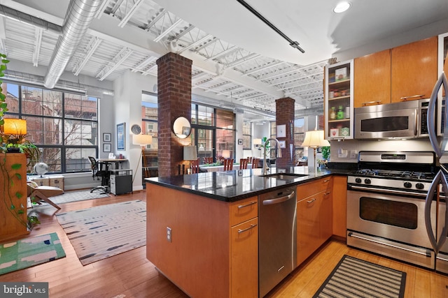 kitchen with a peninsula, light wood-type flooring, appliances with stainless steel finishes, and a sink