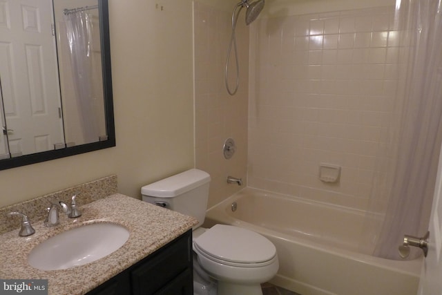 full bathroom with vanity, toilet, and shower / bathtub combination with curtain