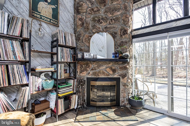 living area featuring wood finished floors and a stone fireplace