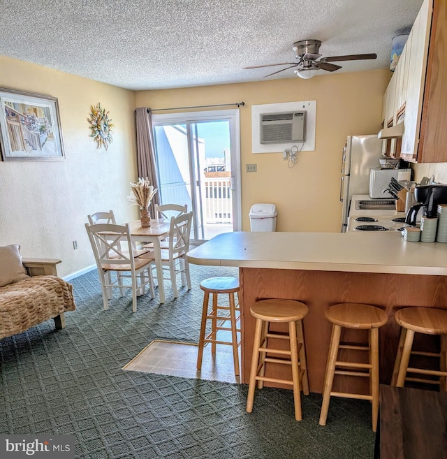 kitchen with a wall unit AC, under cabinet range hood, a peninsula, a breakfast bar, and light countertops