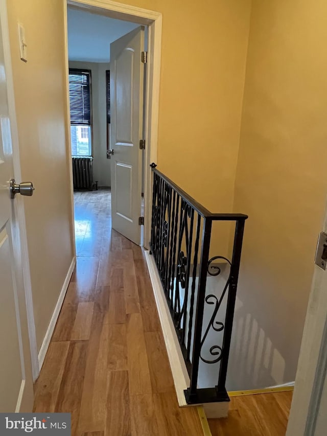 hallway featuring radiator, baseboards, and wood finished floors