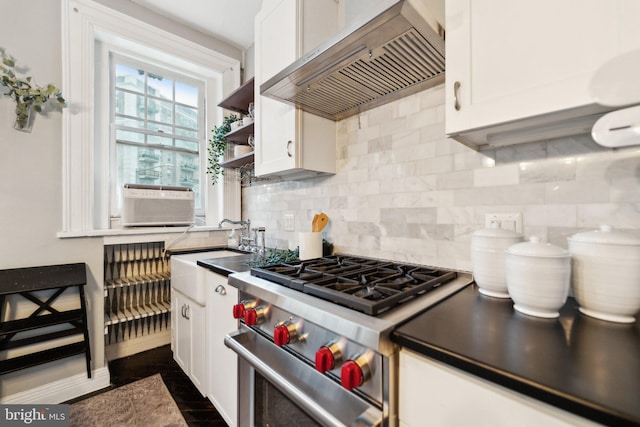 kitchen featuring ventilation hood, high end stainless steel range oven, white cabinetry, and tasteful backsplash