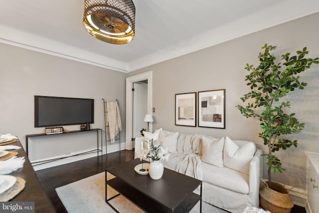 living area featuring a baseboard heating unit, crown molding, and wood finished floors