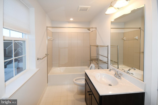 full bath featuring visible vents, toilet, tile patterned floors, tub / shower combination, and vanity