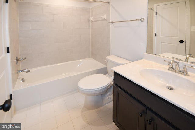 bathroom with toilet, shower / bath combination, tile patterned flooring, and vanity