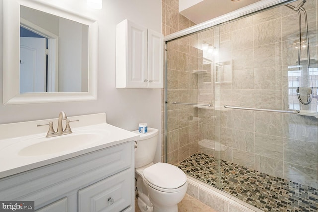 bathroom with vanity, toilet, and a shower stall