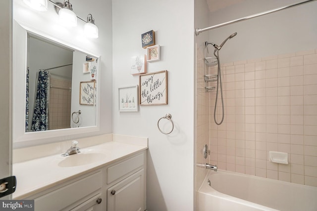 full bath with vanity and shower / bath combination with curtain